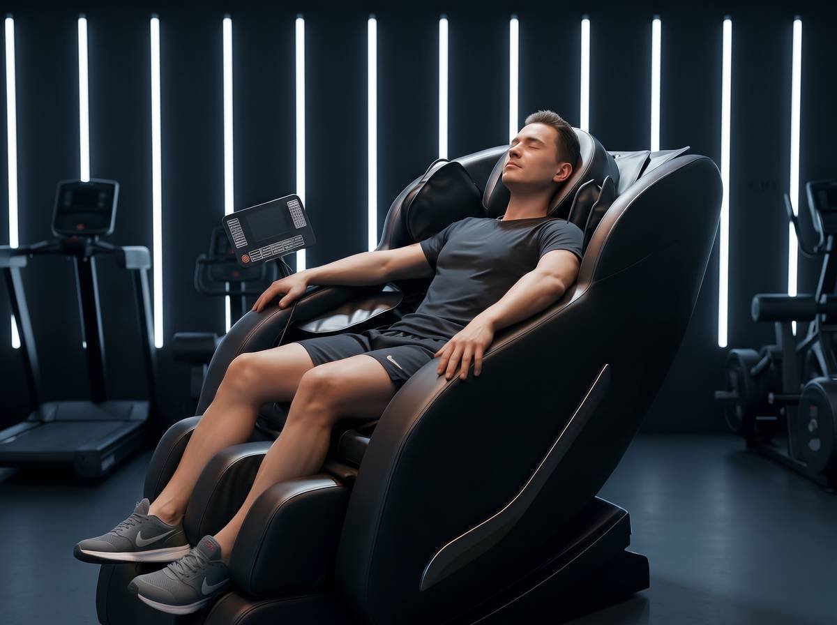 Aluno relaxando na poltrona de massagem da Force